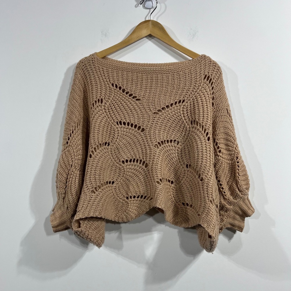 Elodie Batwing Scallop Open Knit Oversized Boat Neck Sweater Womens Medium Boho